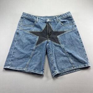 Romwe Prep Shorts Jorts Men 36 Blue Denim Cotton Star Print Mid Rise Medium Wash
